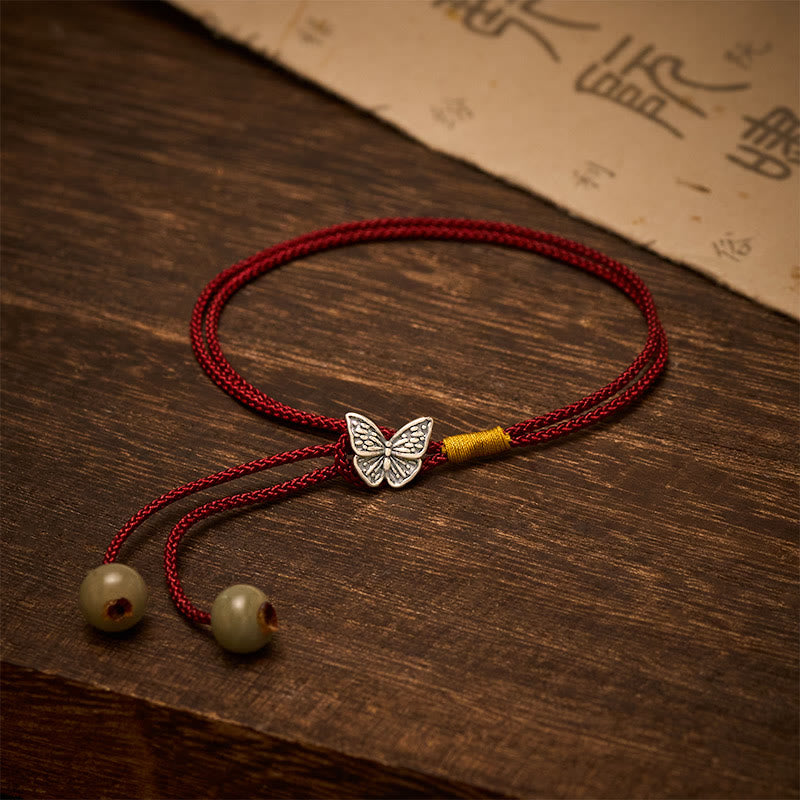 Buddha Stones Bracelet vintage en argent sterling 925 avec papillon et cordon rouge tressé, symbole de protection. - Papillon (Tour de poignet : 14 à 18 cm) - image 0