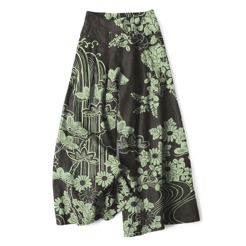 Buddha Stones Pantalon large à taille élastique et poches pour femme, en coton et lin, motif floral vintage - Noir - US16，UK/AU20，EU48 (3XL) - image 0