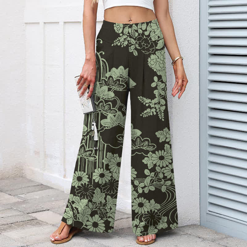 Buddha Stones Pantalon large à taille élastique et poches pour femme, en coton et lin, motif floral vintage - image 1