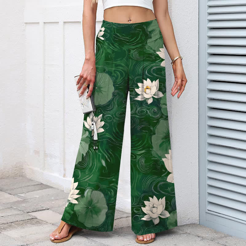 Buddha Stones Pantalon large à taille élastique et poches pour femme, en coton et lin, motif floral feuille de lotus - image 1