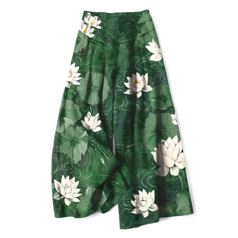 Buddha Stones Pantalon large à taille élastique et poches pour femme, en coton et lin, motif floral feuille de lotus - Vert d'eau - US16，UK/AU20，EU48 (3XL) - image 0