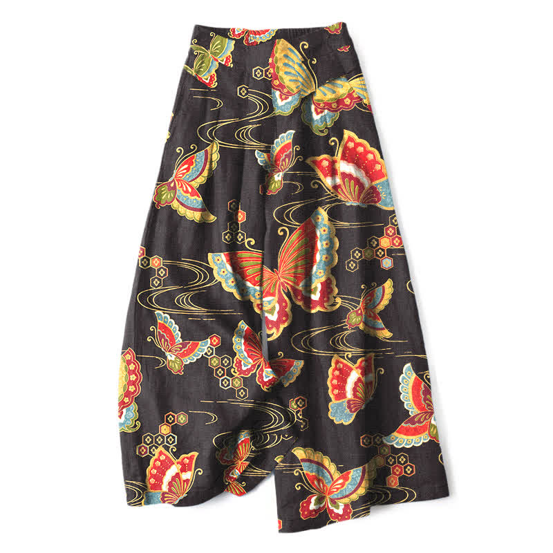 Buddha Stones Pantalon large en coton et lin à motif papillons colorés pour femme, taille élastique et poches - Noir - US16，UK/AU20，EU48 (3XL) - image 0