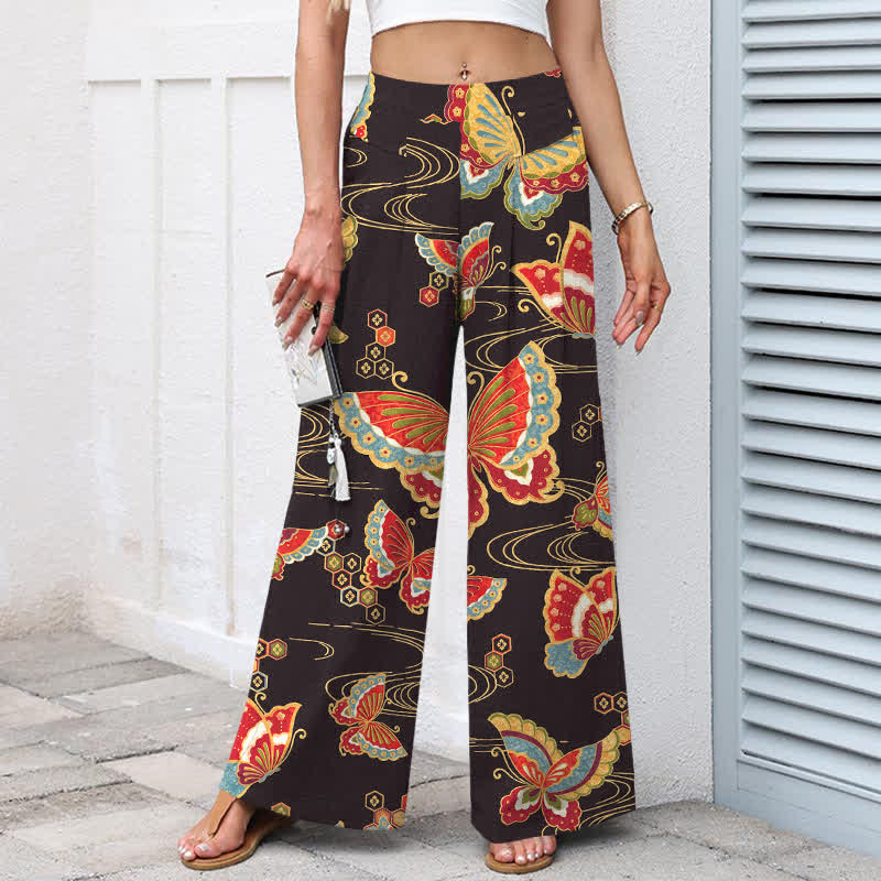 Buddha Stones Pantalon large en coton et lin à motif papillons colorés pour femme, taille élastique et poches - image 1