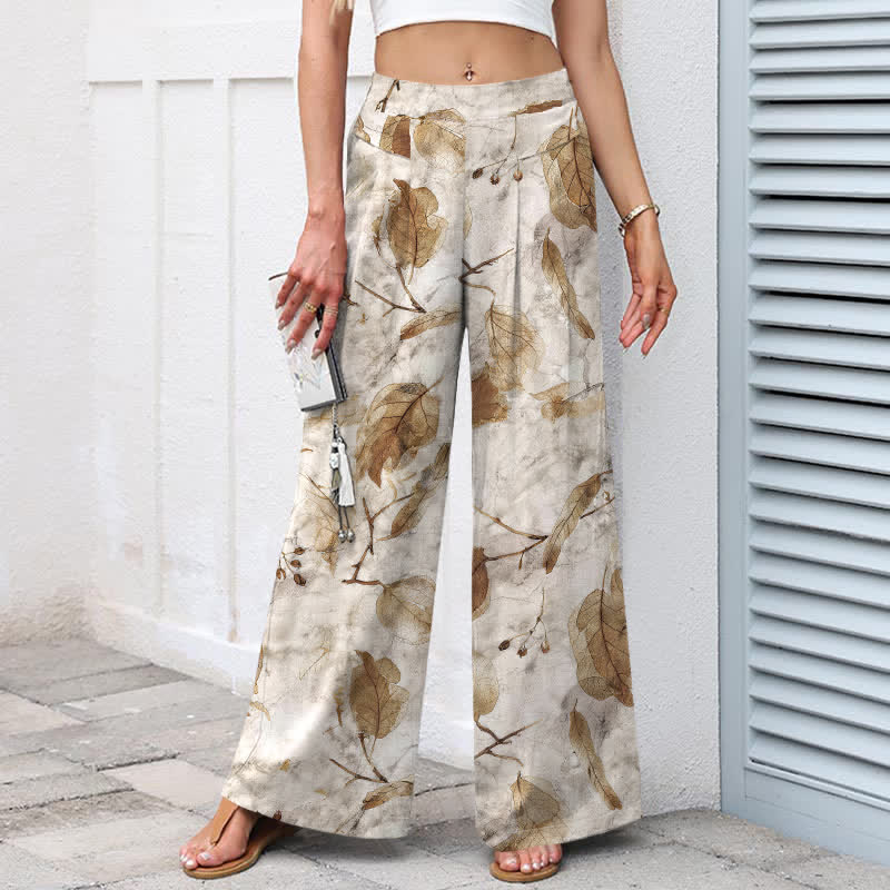 Buddha Stones Pantalon large en coton et lin à motif botanique de feuilles pour femme, taille élastique et poches - image 1
