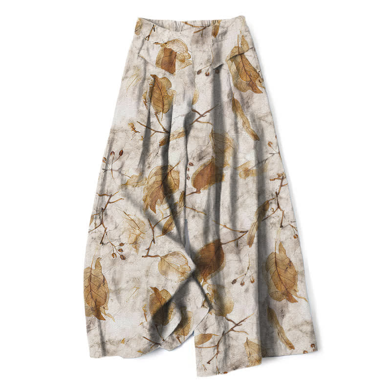 Buddha Stones Pantalon large en coton et lin à motif botanique de feuilles pour femme, taille élastique et poches - Beige - US16，UK/AU20，EU48 (3XL) - image 0