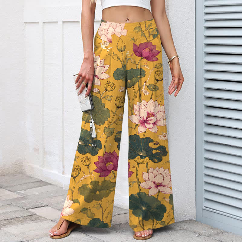 Buddha Stones Pantalon large à taille élastique et poches pour femme, en coton et lin, motif lotus tropical. - image 1