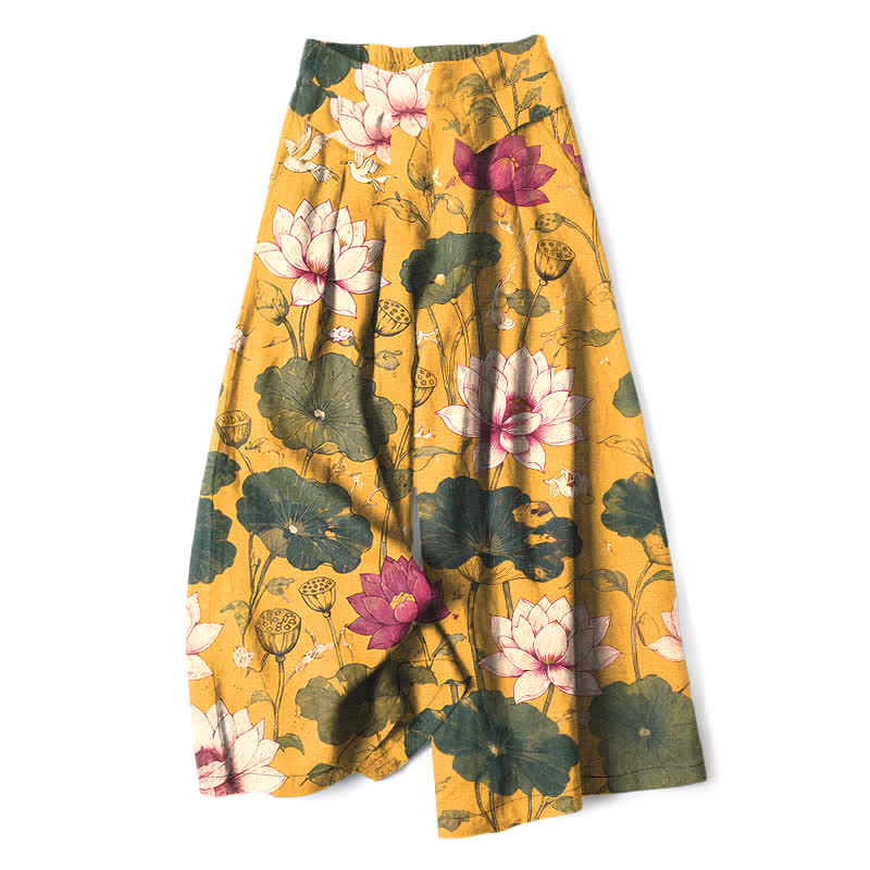 Buddha Stones Pantalon large à taille élastique et poches pour femme, en coton et lin, motif lotus tropical. - verge d'or - US16，UK/AU20，EU48 (3XL) - image 0
