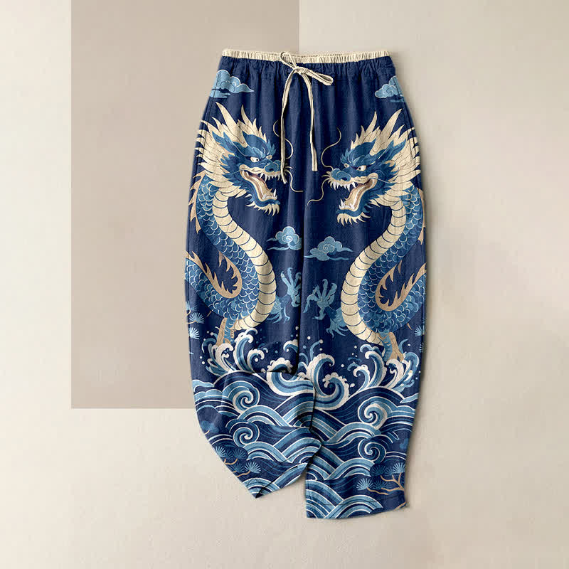 Buddha Stones Pantalon pour femme en pur coton à motif de vagues de dragons jumeaux, taille élastique et poches - Marine - US16，UK/AU20，EU48 (3XL) - image 0