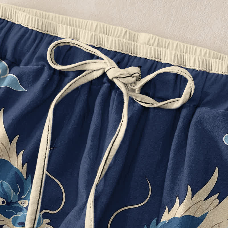 Buddha Stones Pantalon pour femme en pur coton à motif de vagues de dragons jumeaux, taille élastique et poches - image 1