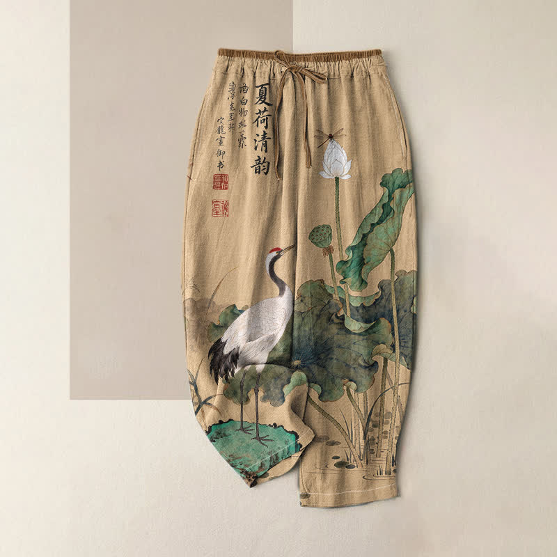 Buddha Stones Pantalon pour femme en pur coton, motif grue et lotus à l'encre, taille élastique et poches - BurlyWood - US16，UK/AU20，EU48 (3XL) - image 0