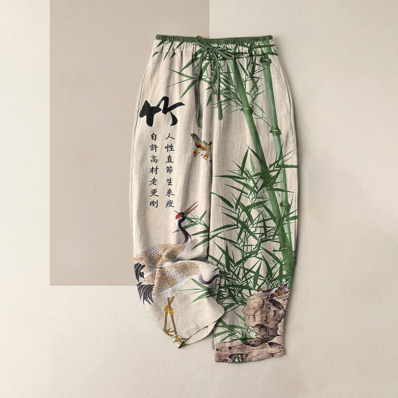 Buddha Stones Pantalon pour femme en pur coton avec motif de grues en bambou artistique et taille élastique, doté de poches - Blanc antique - US16，UK/AU20，EU48 (3XL) - image 0