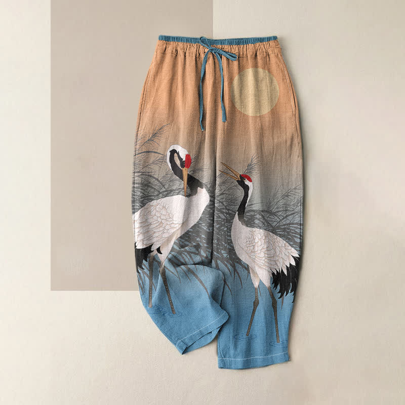 Buddha Stones Pantalon pour femme en pur coton, motif de roseaux orientaux et taille élastique avec poches - SandyBrown - US16，UK/AU20，EU48 (3XL) - image 0