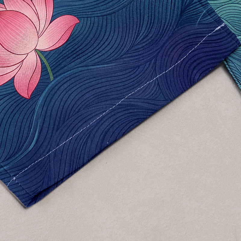 Buddha Stones Pantalon pour femme en pur coton à motif lotus dégradé et vaporeux, taille élastique et poches - image 1