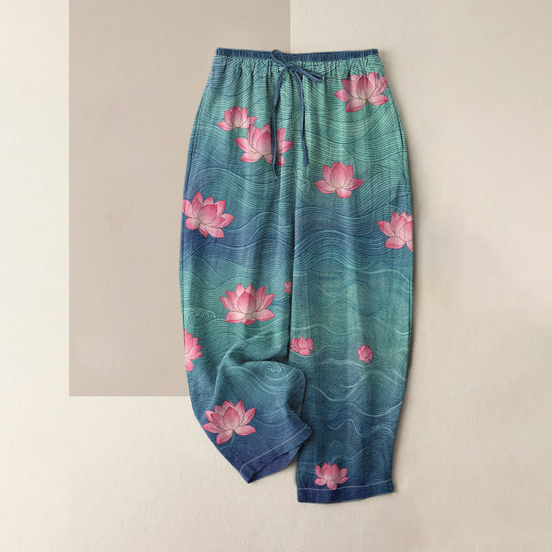 Buddha Stones Pantalon pour femme en pur coton à motif lotus dégradé et vaporeux, taille élastique et poches - SteelBlue - US16，UK/AU20，EU48 (3XL) - image 0