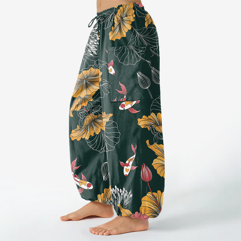 Buddha Stones Pantalon harem pour femme en coton vintage à motif floral lotus koi et taille élastique avec poches latérales - image 1