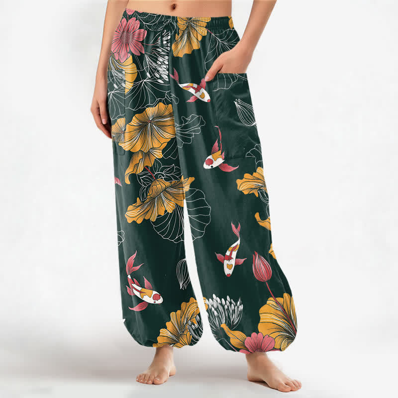 Buddha Stones Pantalon harem pour femme en coton vintage à motif floral lotus koi et taille élastique avec poches latérales - Vert foncé - US16，UK/AU20，EU48 (3XL) - image 0