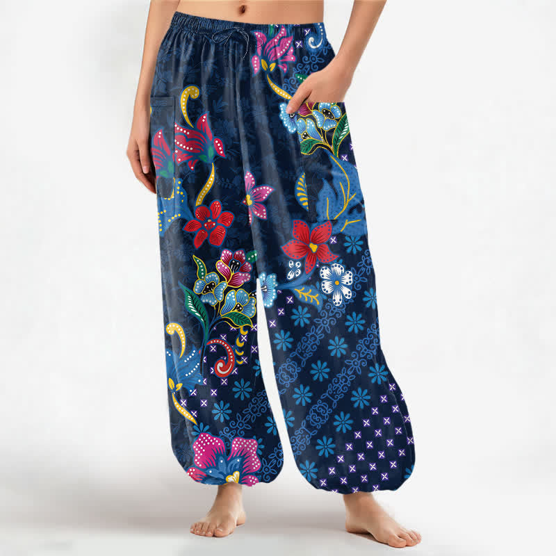 Buddha Stones Pantalon harem pour femme en coton à motif géométrique ethnique fleuri, taille élastique et poches latérales - Marine - US16，UK/AU20，EU48 (3XL) - image 0