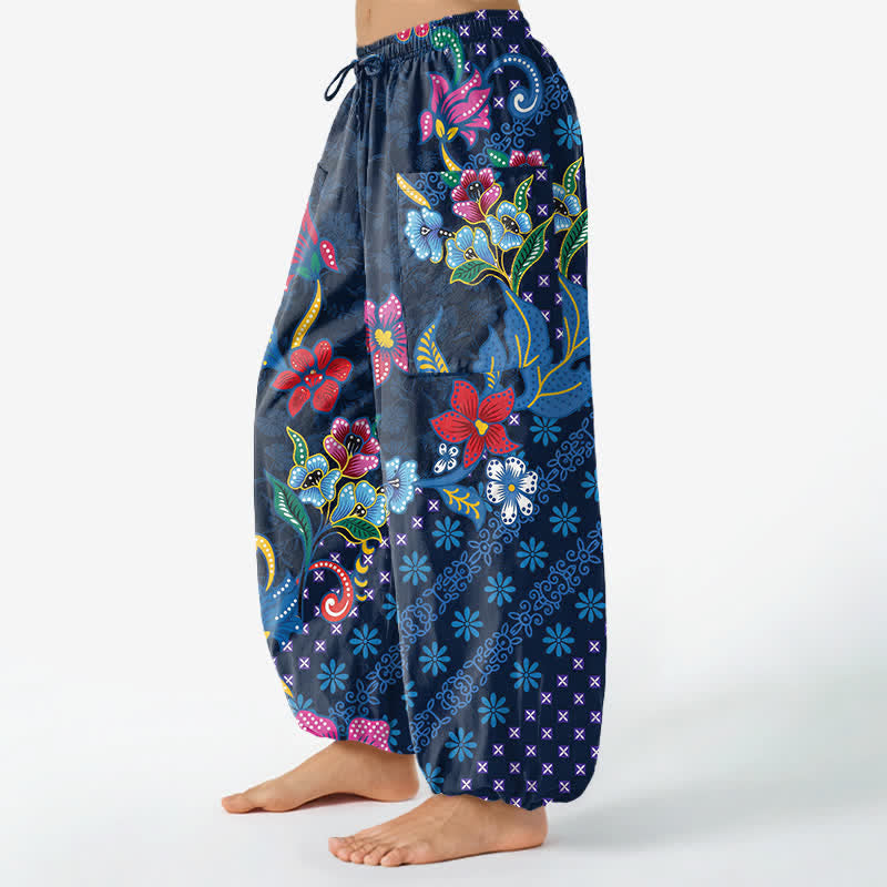 Buddha Stones Pantalon harem pour femme en coton à motif géométrique ethnique fleuri, taille élastique et poches latérales - image 1