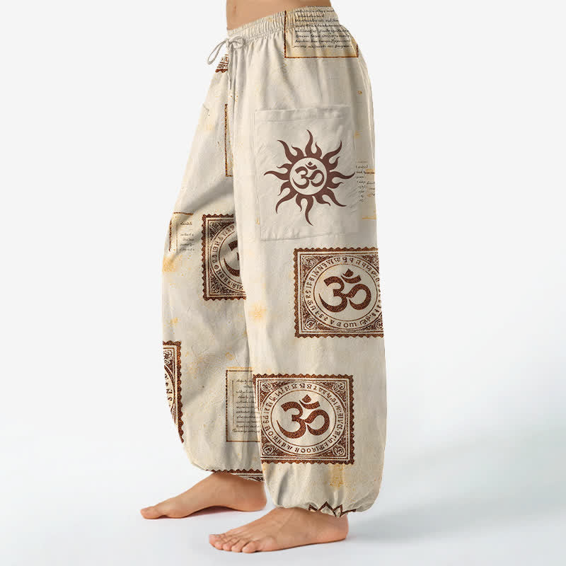 Buddha Stones Pantalon harem vintage en coton à motif Om Sun pour femme, taille élastique et poches latérales - image 1
