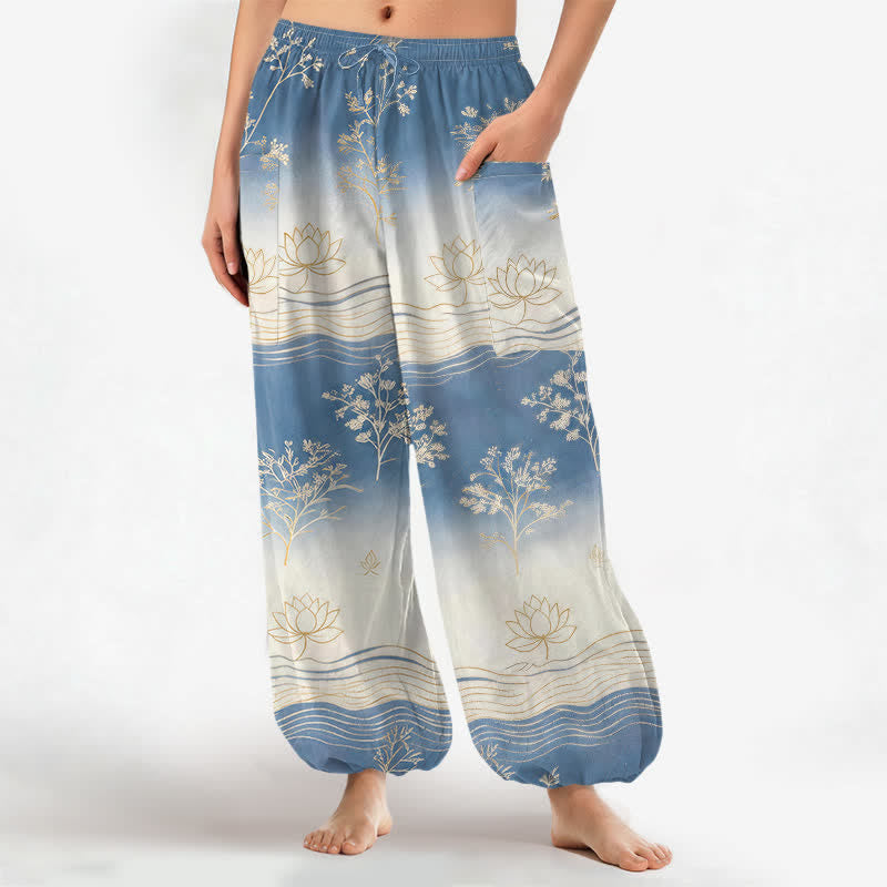 Buddha Stones Pantalon harem pour femme en coton à motif vagues de lotus, taille élastique et poches latérales - Bleuet - US16，UK/AU20，EU48 (3XL) - image 0