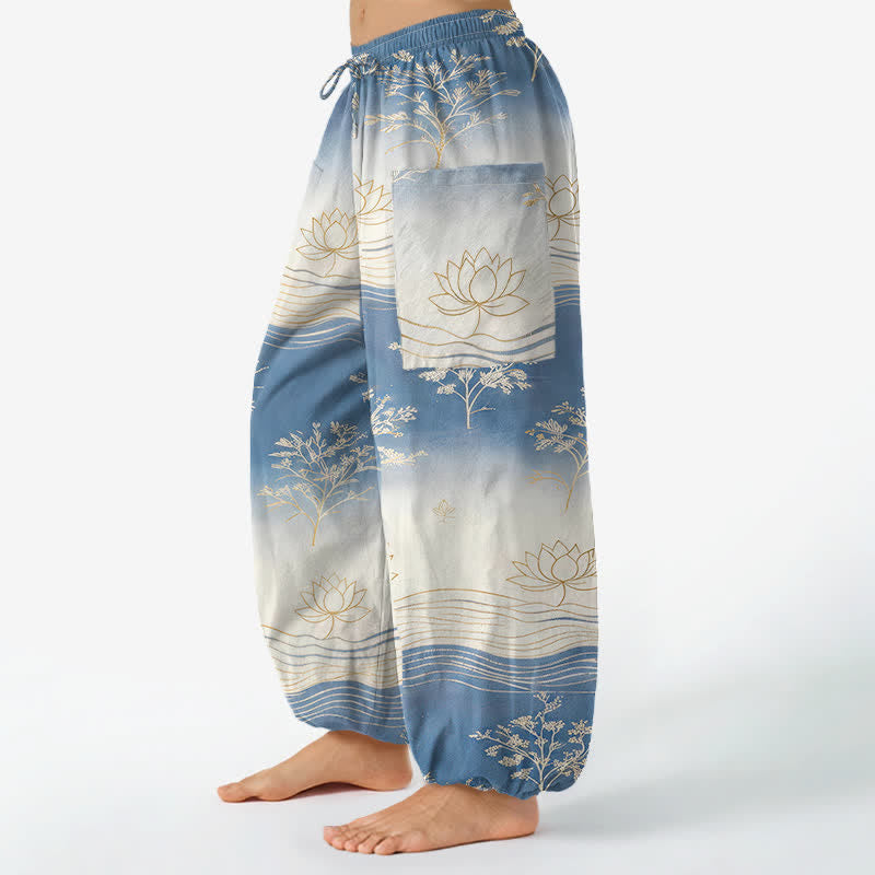 Buddha Stones Pantalon harem pour femme en coton à motif vagues de lotus, taille élastique et poches latérales - image 1