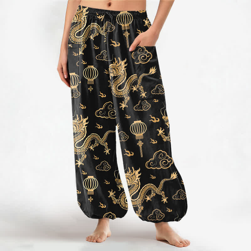 Buddha Stones Pantalon harem pour femme en coton à motif de lanterne de dragon doré et taille élastique avec poches latérales - Noir - US16，UK/AU20，EU48 (3XL) - image 0