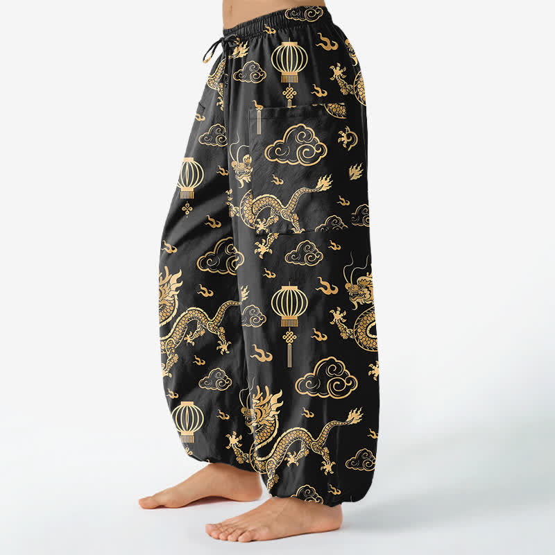 Buddha Stones Pantalon harem pour femme en coton à motif de lanterne de dragon doré et taille élastique avec poches latérales - image 1