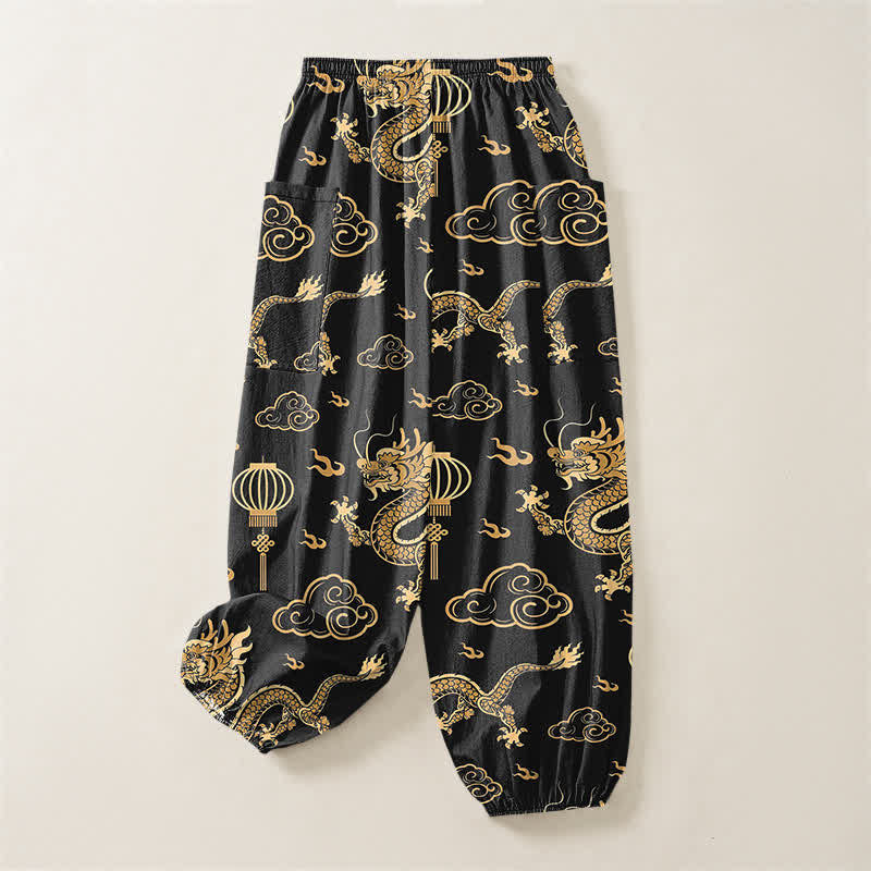 Buddha Stones Pantalon harem pour femme en coton à motif de lanterne de dragon doré et taille élastique avec poches latérales - image 4