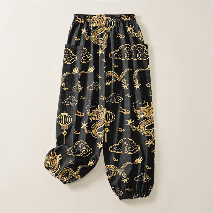 Buddha Stones Pantalon harem pour femme en coton à motif de lanterne de dragon doré et taille élastique avec poches latérales - image 4