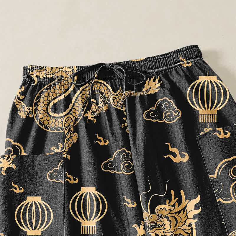 Buddha Stones Pantalon harem pour femme en coton à motif de lanterne de dragon doré et taille élastique avec poches latérales - image 5