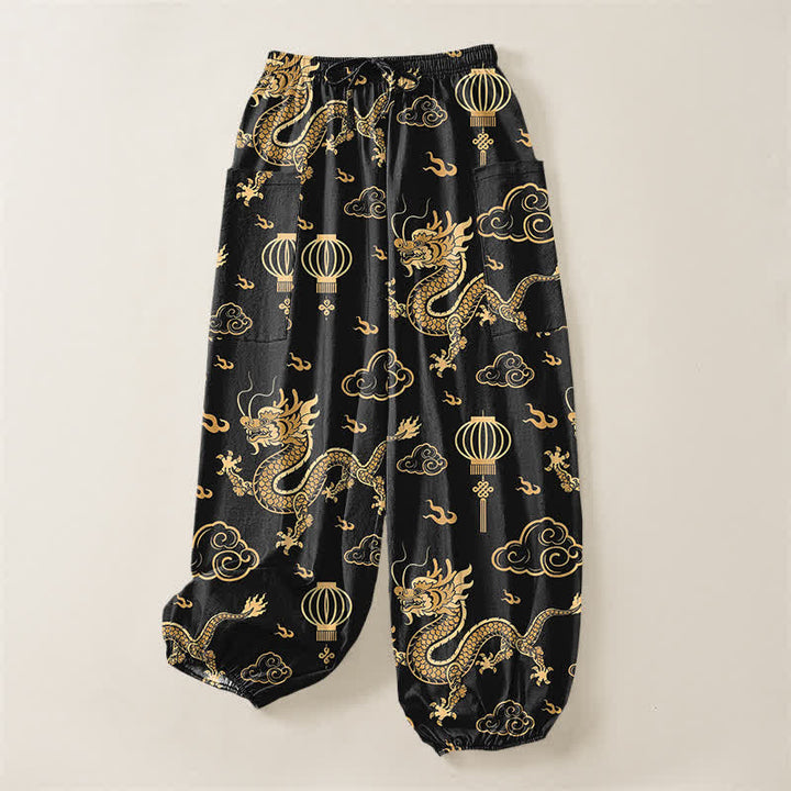 Buddha Stones Pantalon harem pour femme en coton à motif de lanterne de dragon doré et taille élastique avec poches latérales - image 3