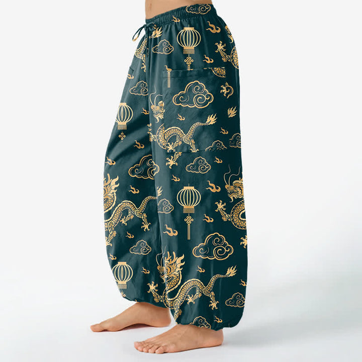 Buddha Stones Pantalon harem pour femme en coton à motif de lanterne de dragon doré et taille élastique avec poches latérales - image 8