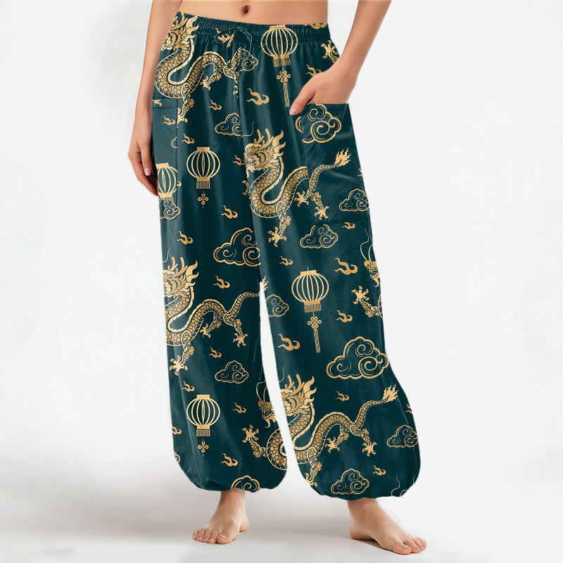 Buddha Stones Pantalon harem pour femme en coton à motif de lanterne de dragon doré et taille élastique avec poches latérales - Sarcelle - US16，UK/AU20，EU48 (3XL) - image 7