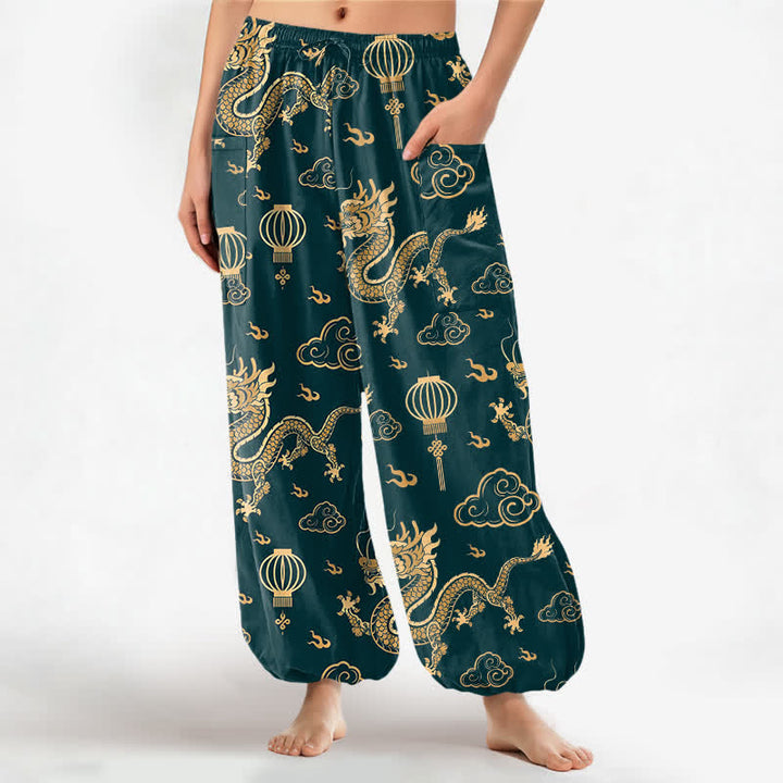 Buddha Stones Pantalon harem pour femme en coton à motif de lanterne de dragon doré et taille élastique avec poches latérales - Sarcelle - US16，UK/AU20，EU48 (3XL) - image 7
