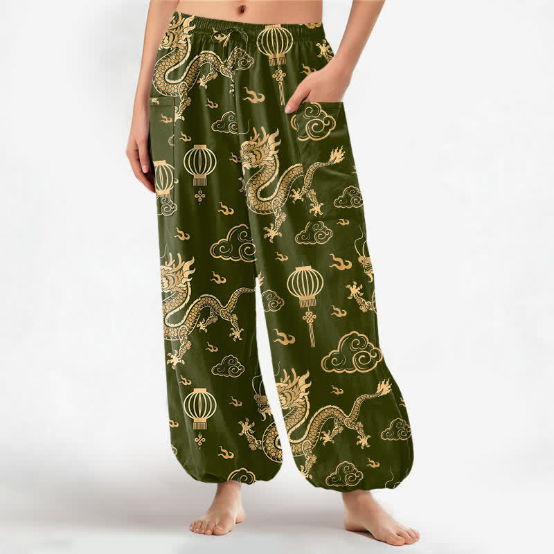 Buddha Stones Pantalon harem pour femme en coton à motif de lanterne de dragon doré et taille élastique avec poches latérales - Vert olive foncé - US16，UK/AU20，EU48 (3XL) - image 10