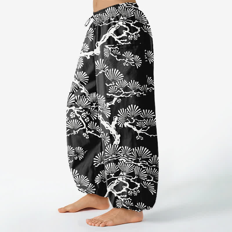 Buddha Stones Pantalon harem pour femme en coton à motif de feuillage oriental, taille élastique et poches latérales - image 1