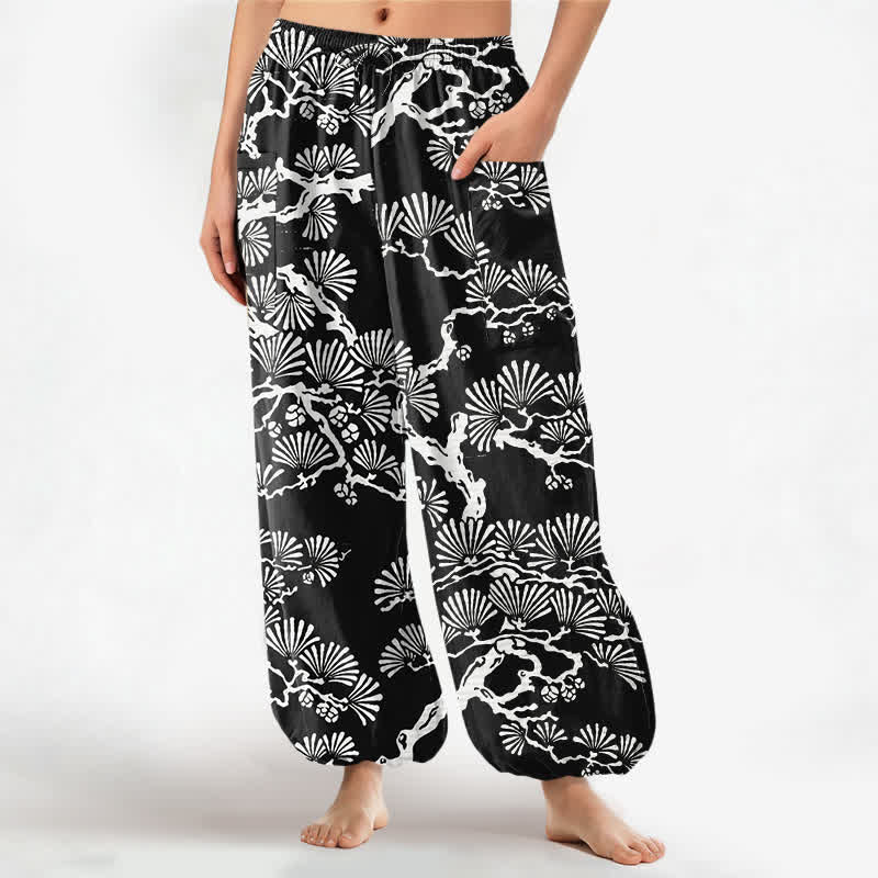 Buddha Stones Pantalon harem pour femme en coton à motif de feuillage oriental, taille élastique et poches latérales - Noir - US16，UK/AU20，EU48 (3XL) - image 0