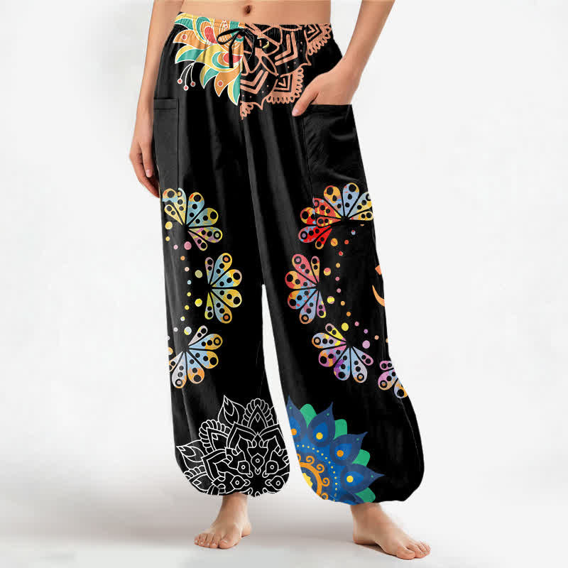 Buddha Stones Pantalon harem pour femme en coton, motif mandala lotus OM, taille élastique et poches latérales - Noir - US16，UK/AU20，EU48 (3XL) - image 0