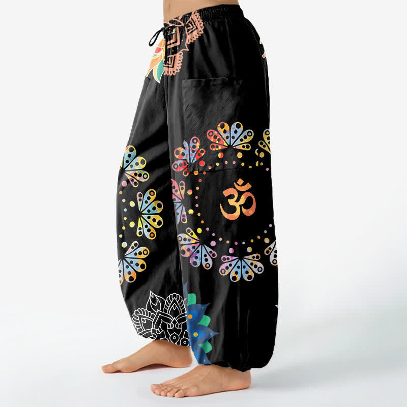 Buddha Stones Pantalon harem pour femme en coton, motif mandala lotus OM, taille élastique et poches latérales - image 1