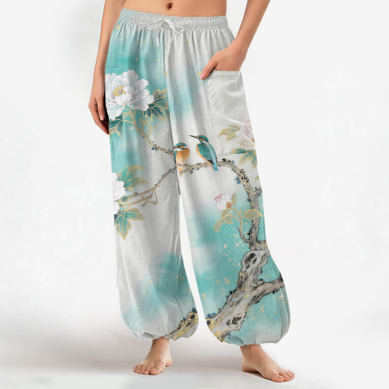 Buddha Stones Pantalon harem pour femme en coton à motif pivoines et oiseaux, taille élastique et poches latérales - Turquoise - US16，UK/AU20，EU48 (3XL) - image 0