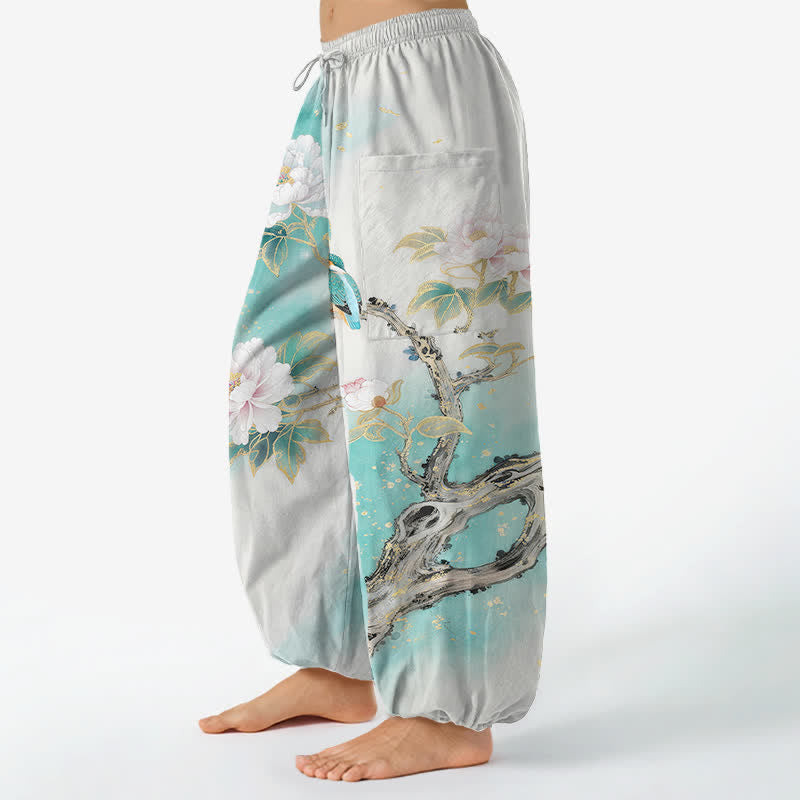 Buddha Stones Pantalon harem pour femme en coton à motif pivoines et oiseaux, taille élastique et poches latérales - image 1