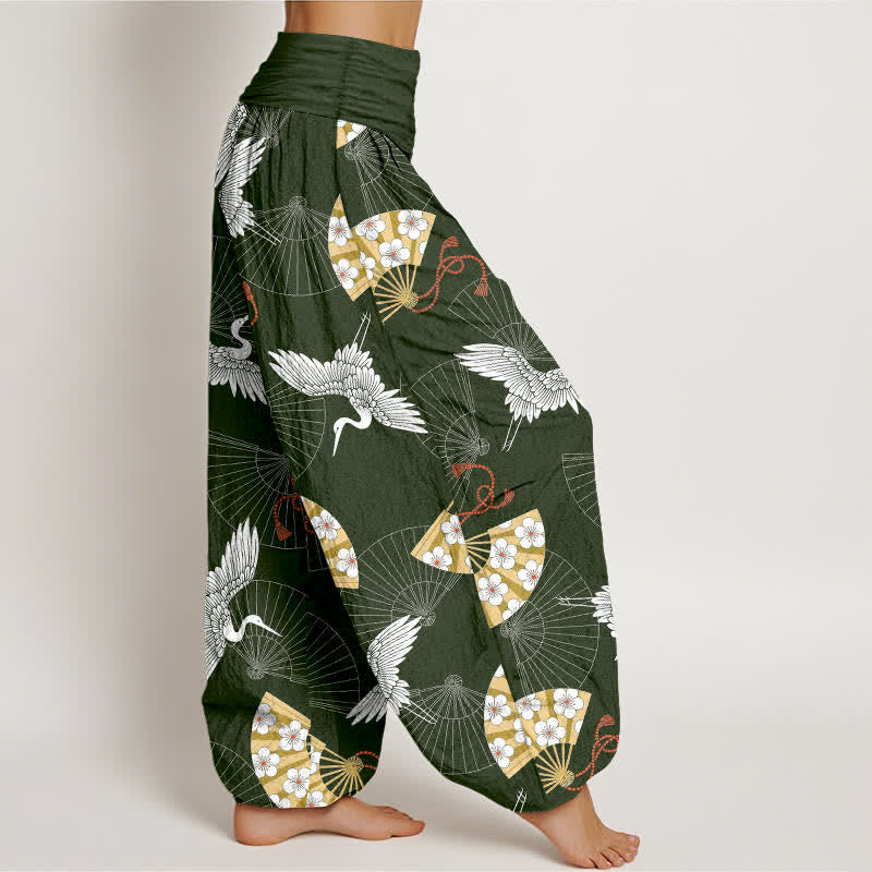Buddha Stones Pantalon harem pour femme en coton à motif d'éventail de grues orientales et taille élastique - image 1