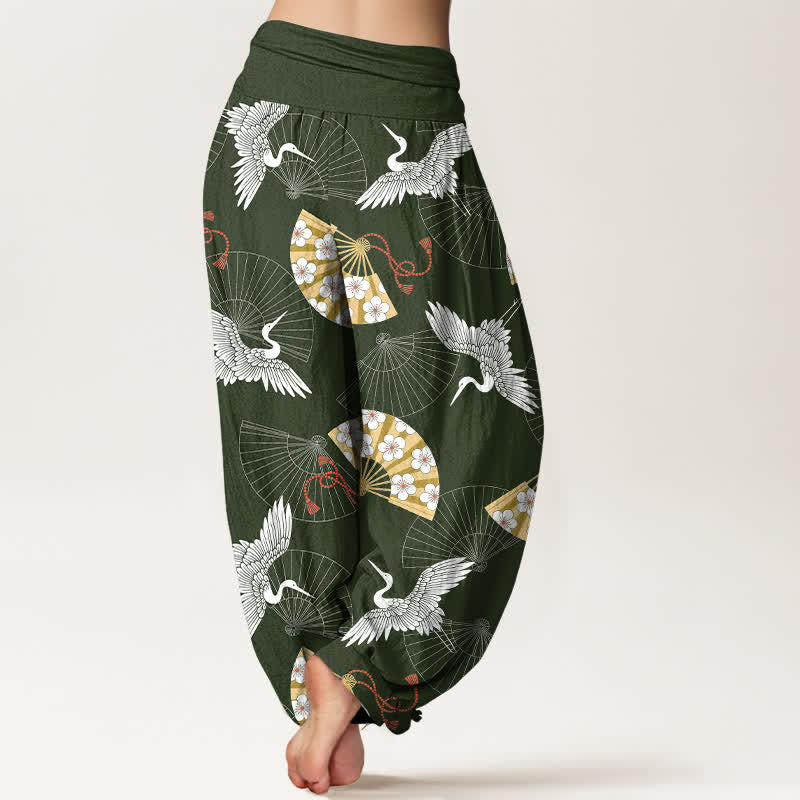 Buddha Stones Pantalon harem pour femme en coton à motif d'éventail de grues orientales et taille élastique - image 2