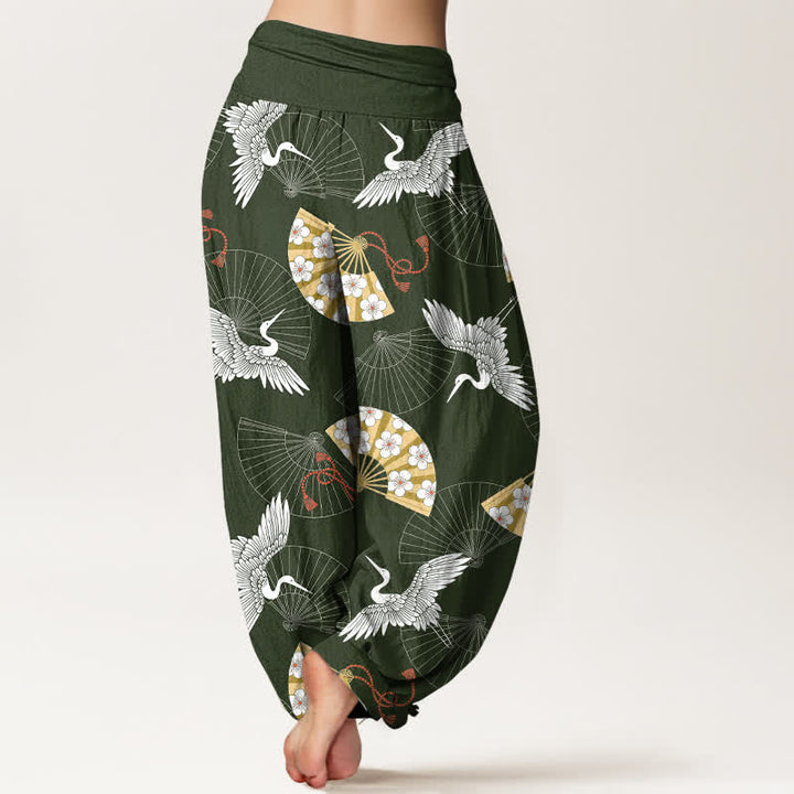 Buddha Stones Pantalon harem pour femme en coton à motif d'éventail de grues orientales et taille élastique - image 2
