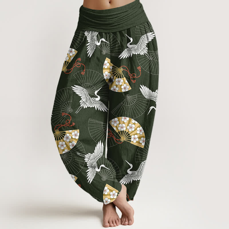Buddha Stones Pantalon harem pour femme en coton à motif d'éventail de grues orientales et taille élastique - Vert foncé - US16，UK/AU20，EU48 (3XL) - image 0