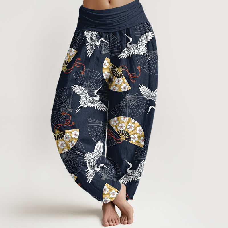 Buddha Stones Pantalon harem pour femme en coton à motif d'éventail de grues orientales et taille élastique - Bleu nuit - US16，UK/AU20，EU48 (3XL) - image 5