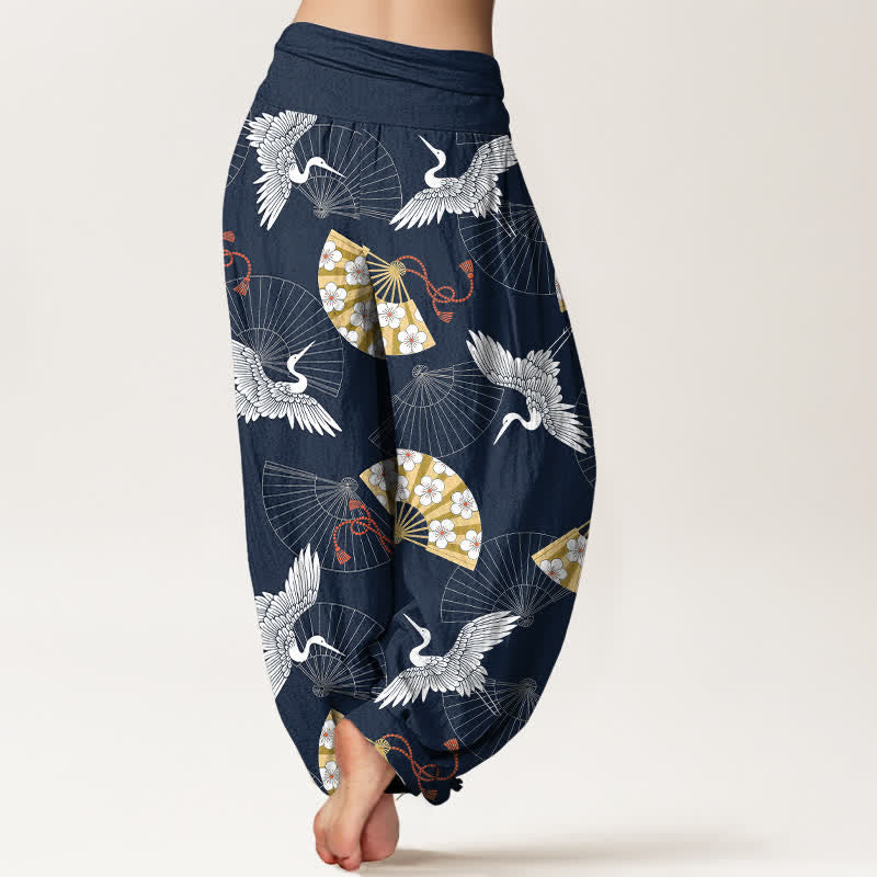 Buddha Stones Pantalon harem pour femme en coton à motif d'éventail de grues orientales et taille élastique - image 7