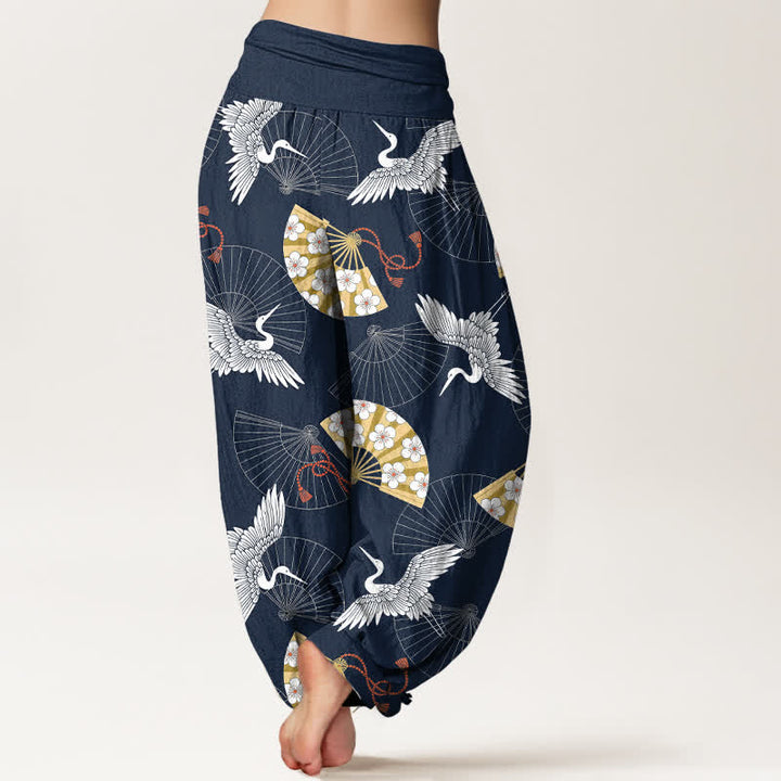 Buddha Stones Pantalon harem pour femme en coton à motif d'éventail de grues orientales et taille élastique - image 7