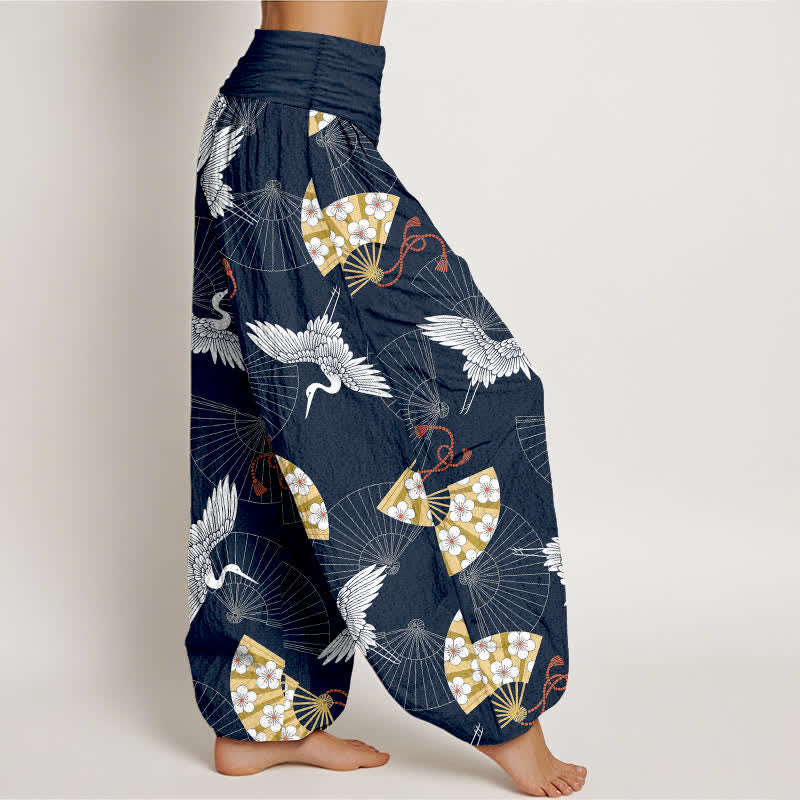 Buddha Stones Pantalon harem pour femme en coton à motif d'éventail de grues orientales et taille élastique - image 6