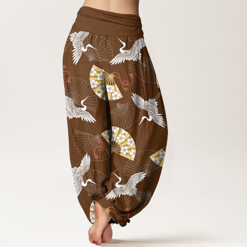 Buddha Stones Pantalon harem pour femme en coton à motif d'éventail de grues orientales et taille élastique - image 10